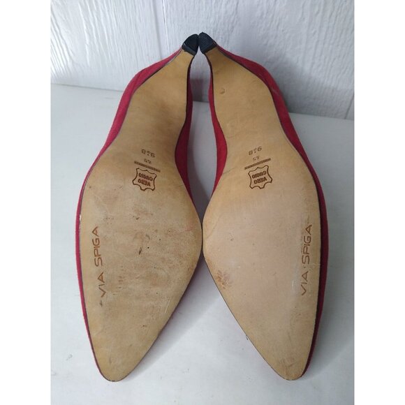 Via Spiga Women 9.5 B Red Suede Curved 3.5" Heel Pumps Leather Pointed Toe Italy - Picture 6 of 9